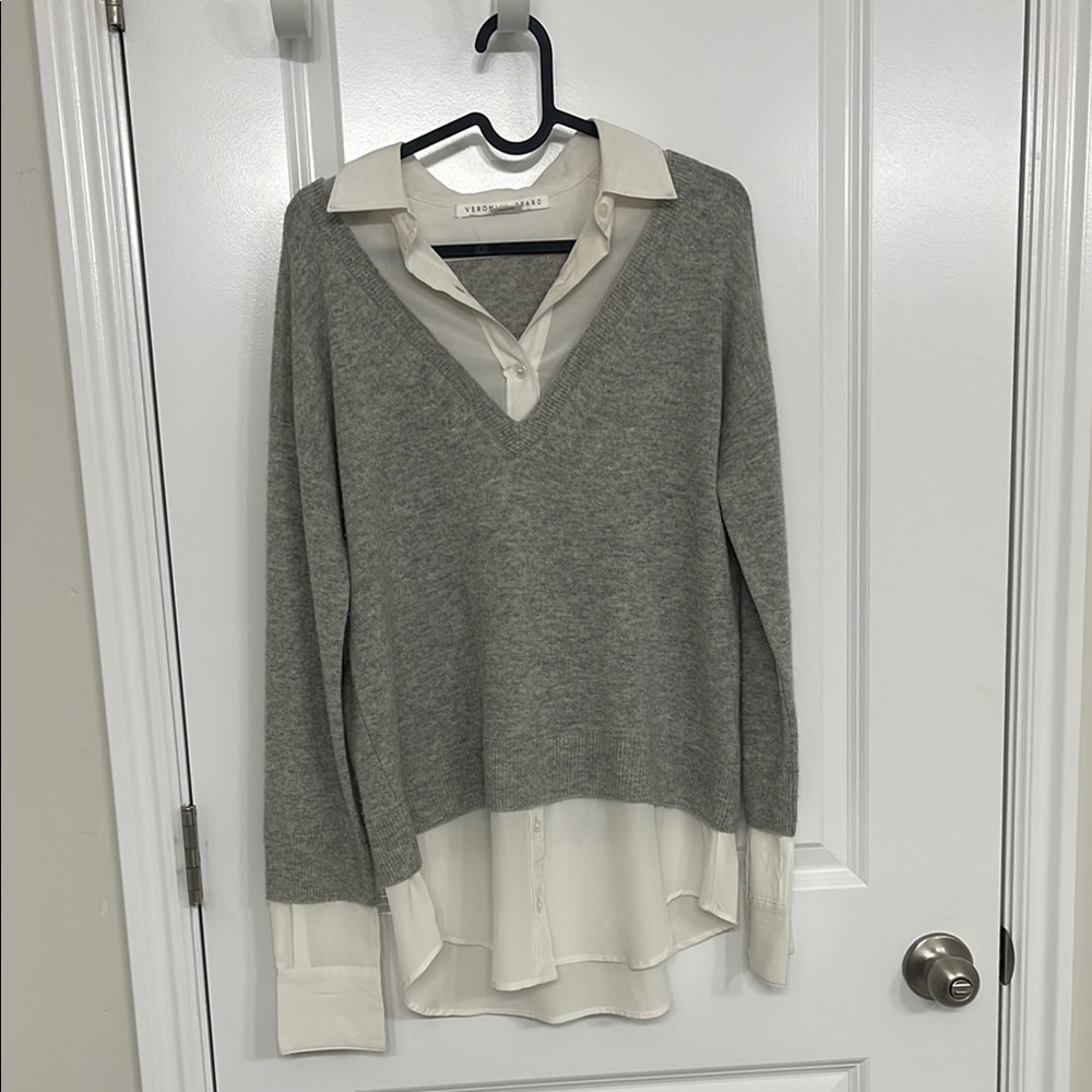 Gray V-Neck Sweater with White Layered Shirt